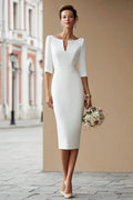 Ivory Boat Neck Bodycon Half Sleeves Midi Wedding Dress