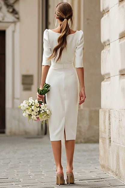Ivory Boat Neck Bodycon Half Sleeves Midi Wedding Dress