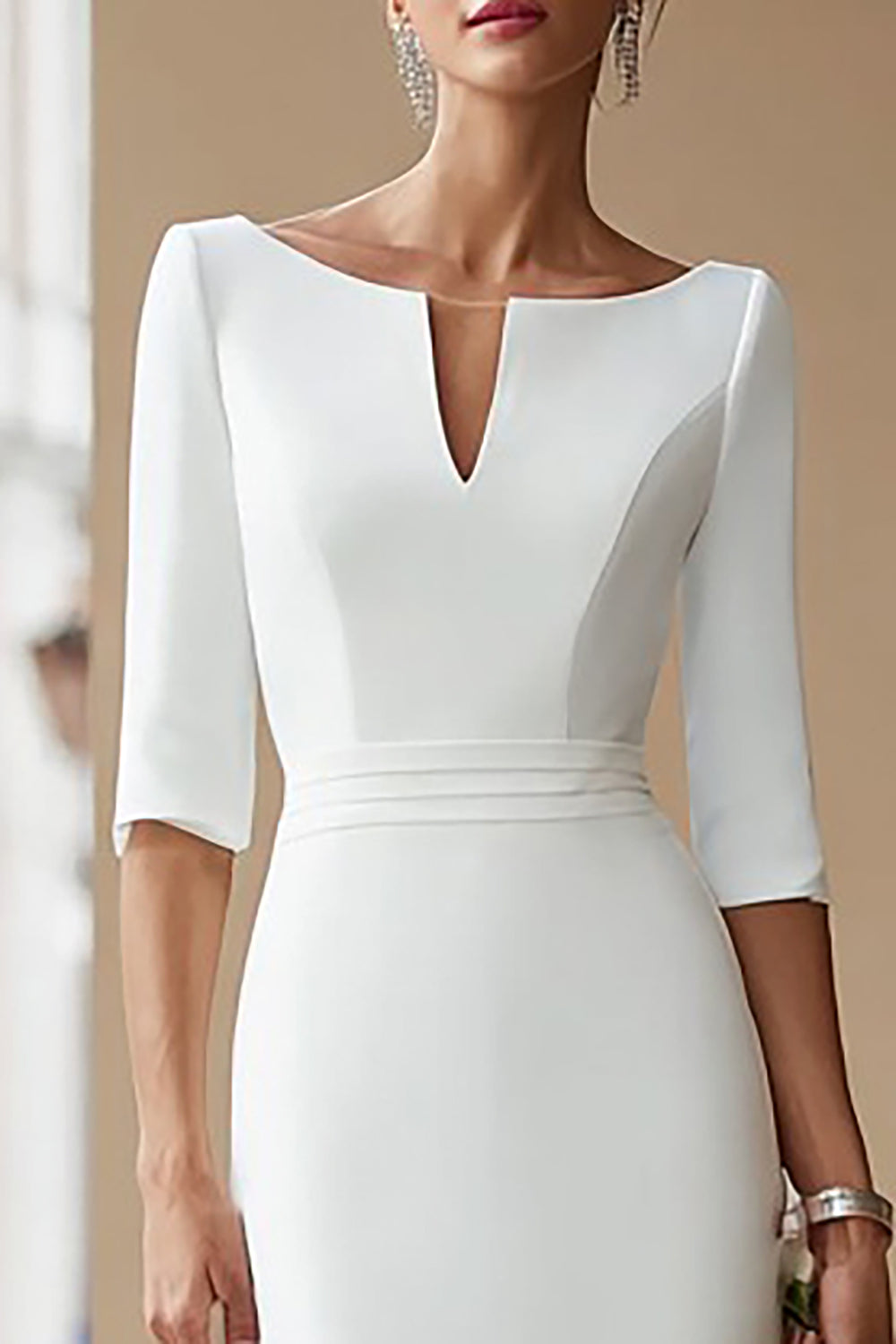 Ivory Boat Neck Bodycon Half Sleeves Midi Wedding Dress