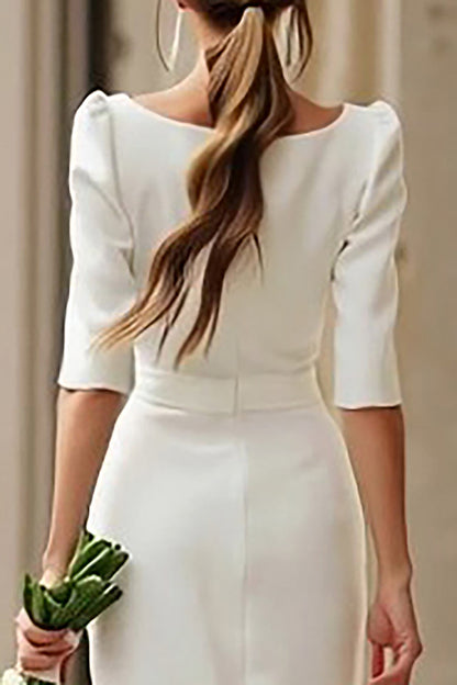 Ivory Boat Neck Bodycon Half Sleeves Midi Wedding Dress