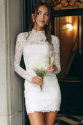 Vintage Ivory Lace Bodycon High Neck Short Wedding Dress with Sleeves