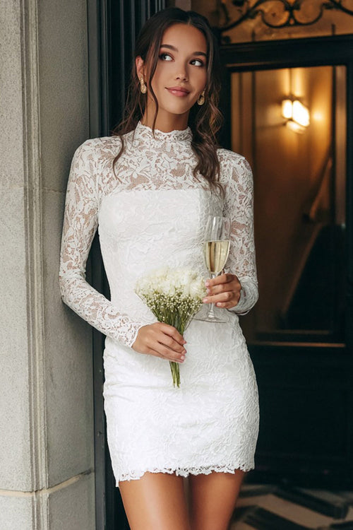 Vintage Ivory Lace Bodycon High Neck Short Wedding Dress with Sleeves