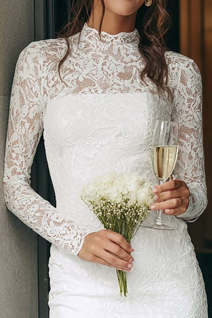 Vintage Ivory Lace Bodycon High Neck Short Wedding Dress with Sleeves