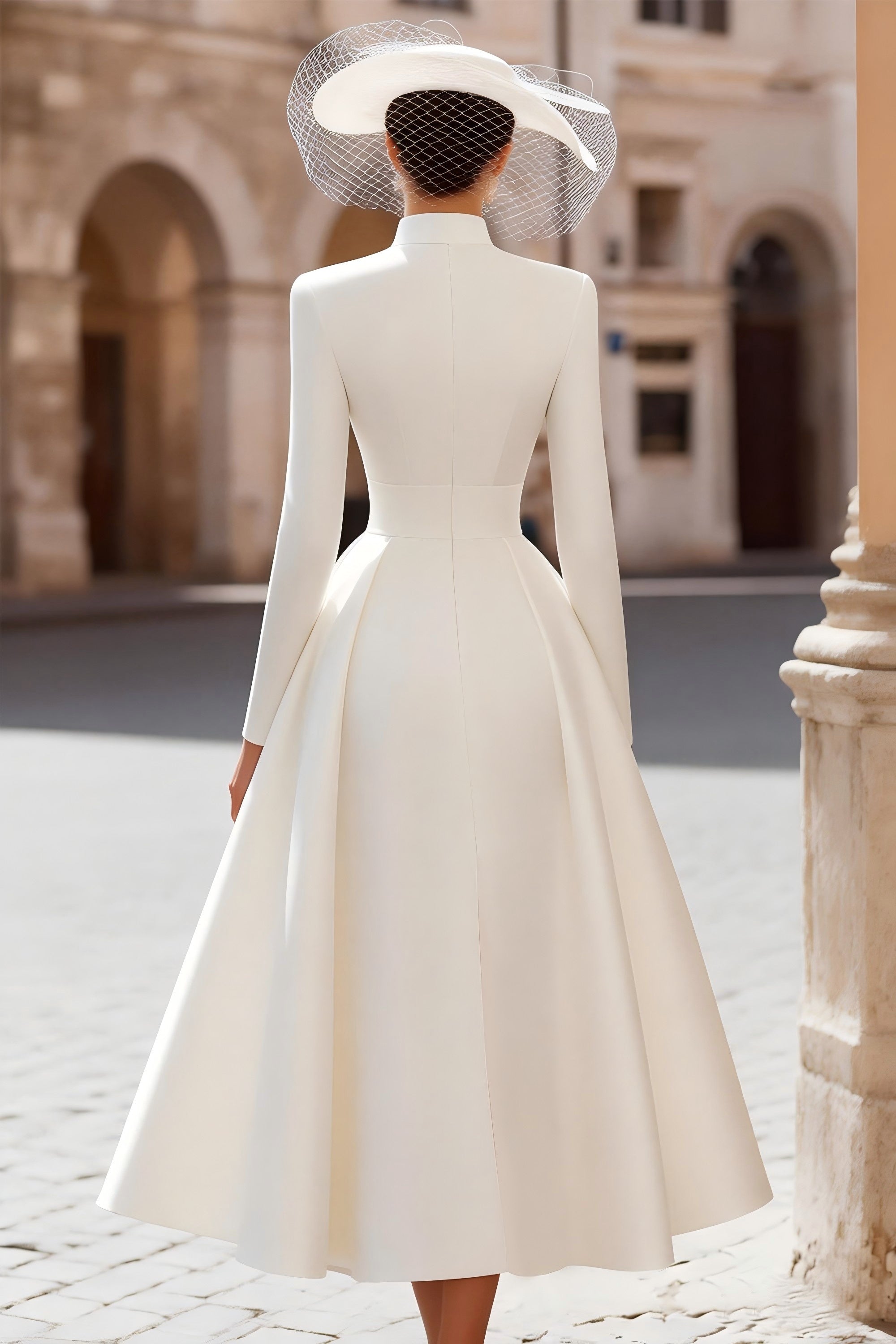 Vintage Ivory Keyhole High Neck Satin A Line Long Sleeves Wedding Dress