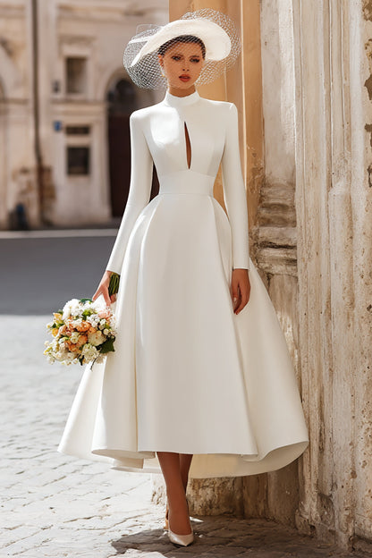 Vintage Ivory Keyhole High Neck Satin A Line Long Sleeves Wedding Dress
