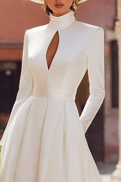 Vintage Ivory Keyhole High Neck Satin A Line Long Sleeves Wedding Dress