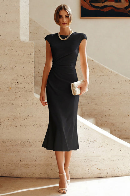 Simple White Crew Neck Bodycon Ruched Midi Rehearsal Dinner Dress