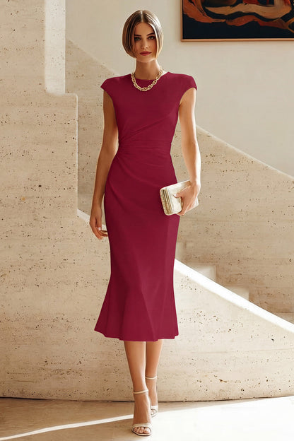 Simple White Crew Neck Bodycon Ruched Midi Rehearsal Dinner Dress