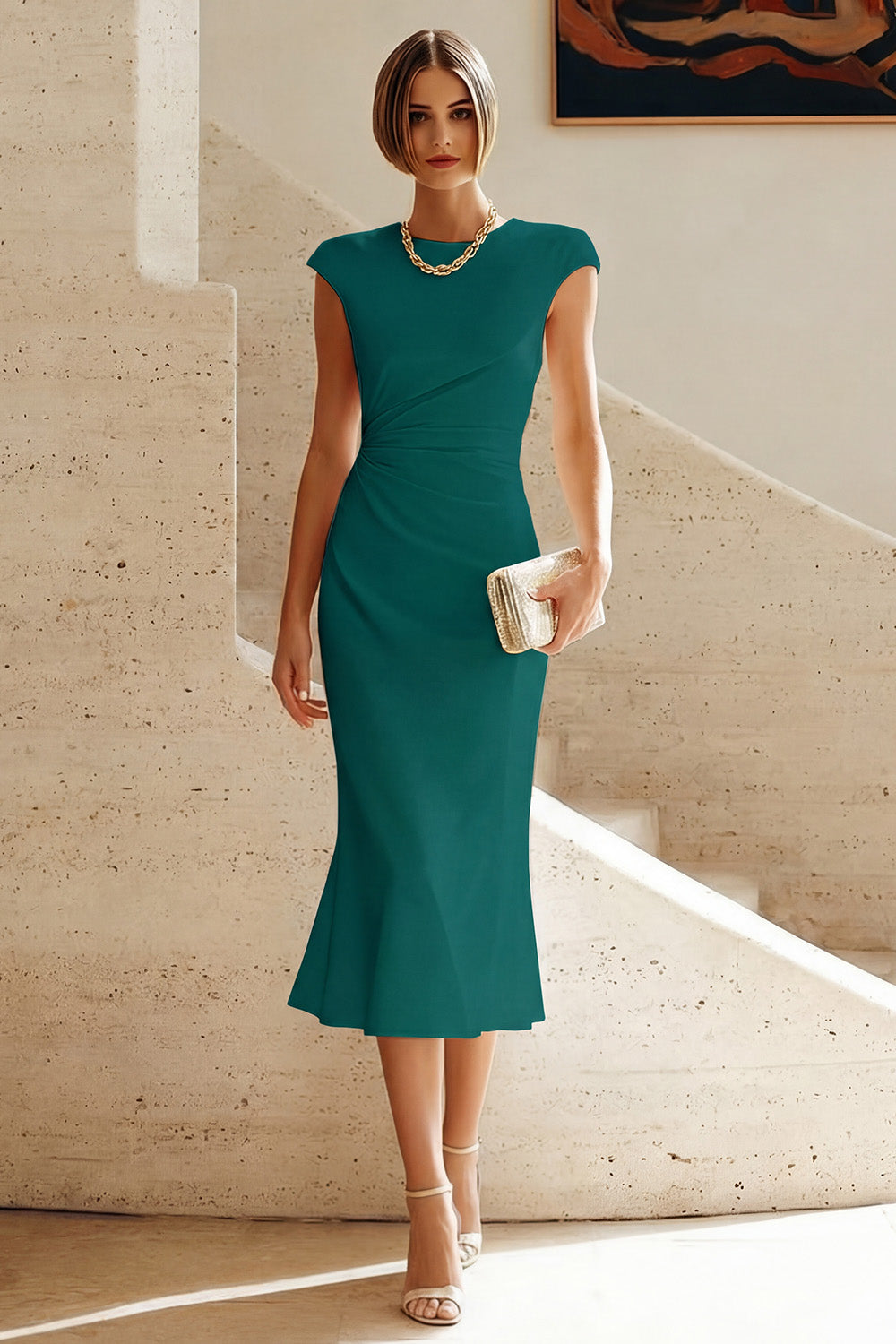 Simple White Crew Neck Bodycon Ruched Midi Rehearsal Dinner Dress