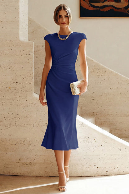 Simple White Crew Neck Bodycon Ruched Midi Rehearsal Dinner Dress