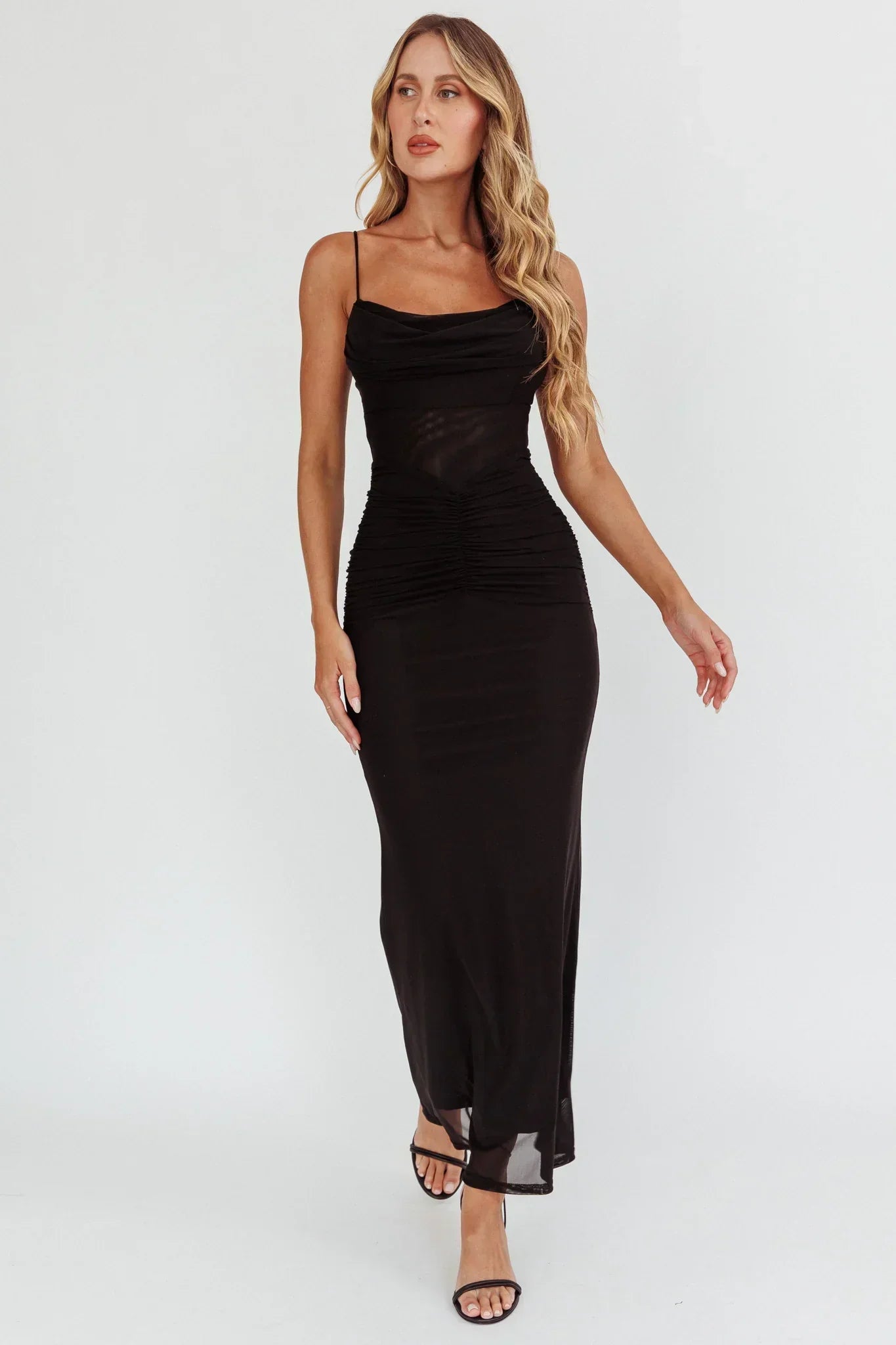 Morella Ruched Waist Mesh Maxi Dress Black
