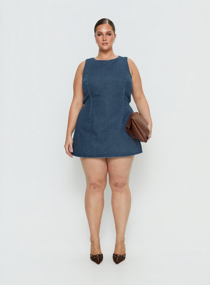 Ainsleigh Shift Denim Romper Mid Blue Wash Curve