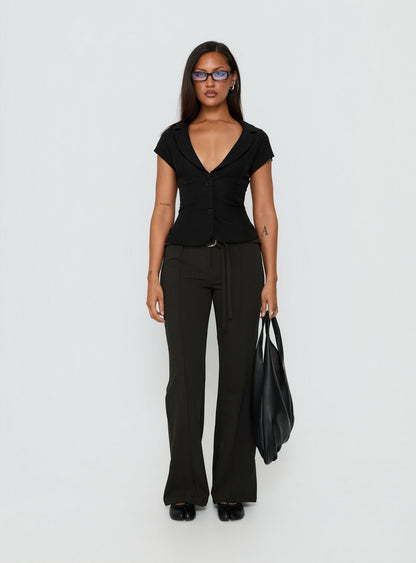 Alexandrea Plunge Button Up Top Black