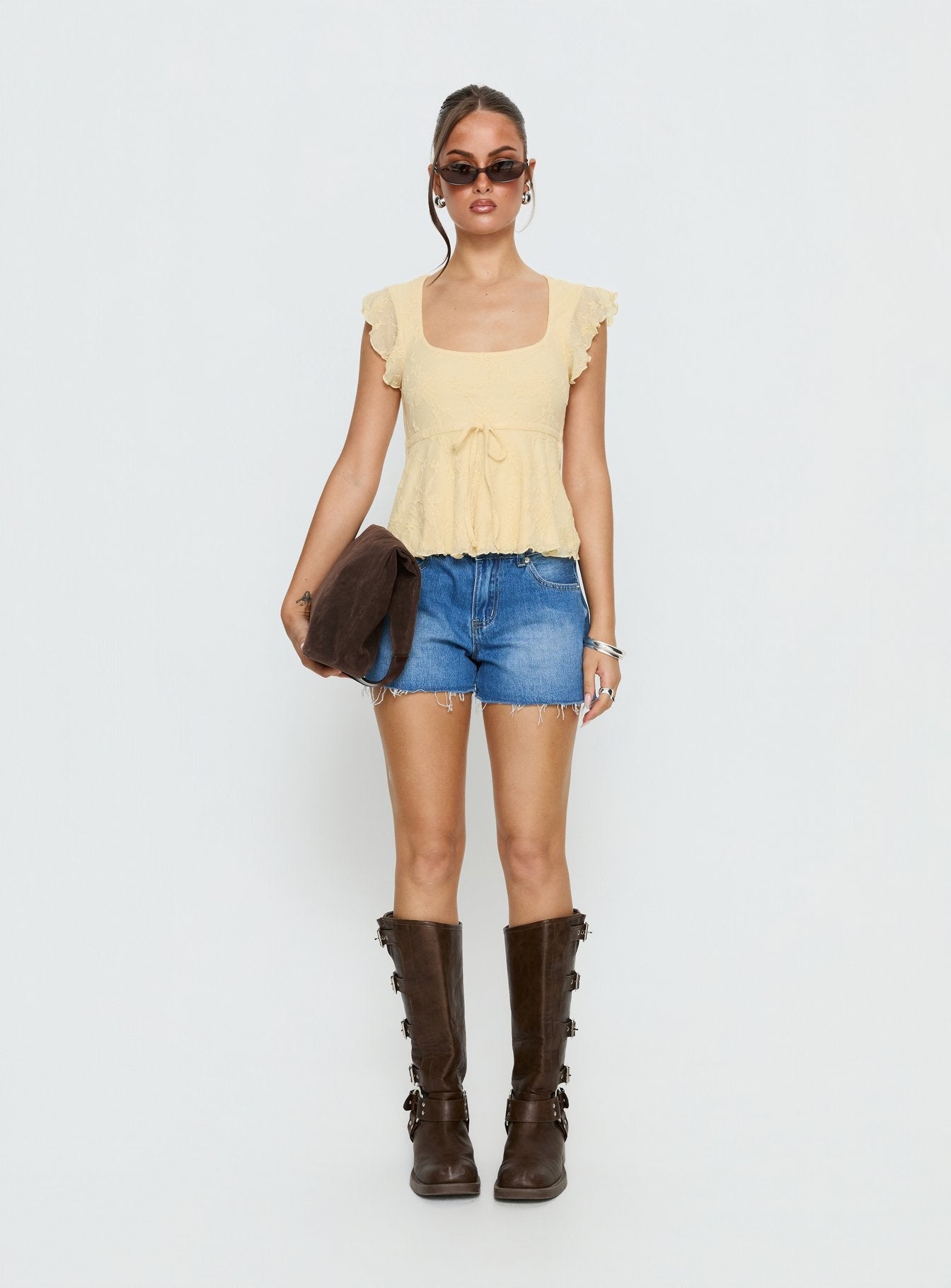 Auroraah Textured Frill Top Lemon