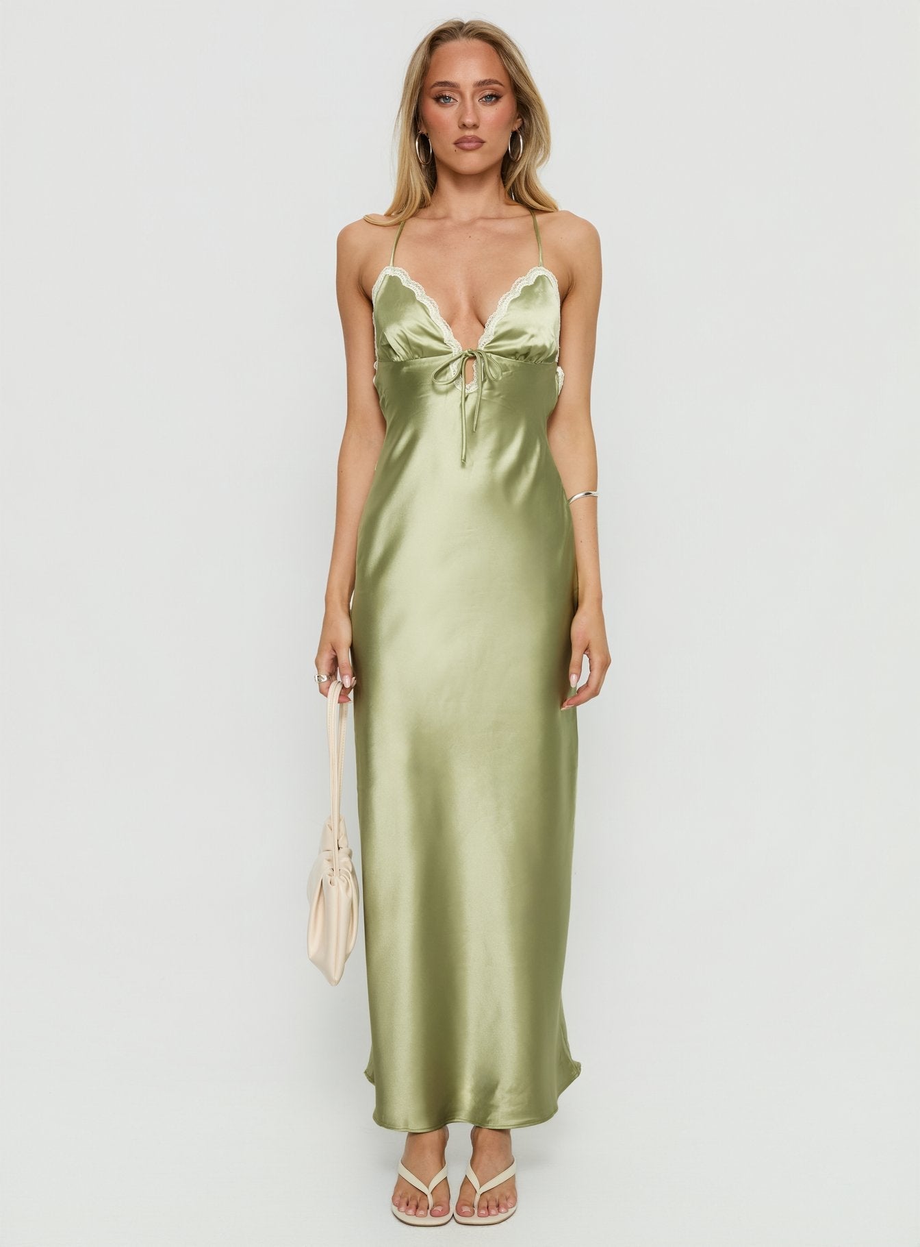 Alysa Lace Trim Halter Maxi Dress Green