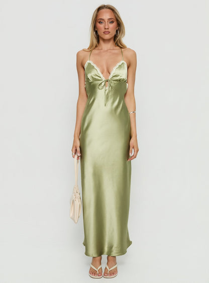Alysa Lace Trim Halter Maxi Dress Green