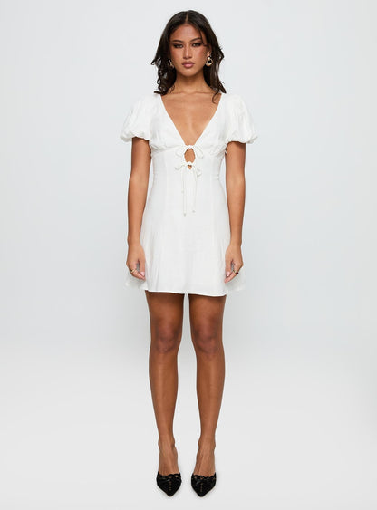 Beloved Puff Sleeve Linen Blend Mini Dress White