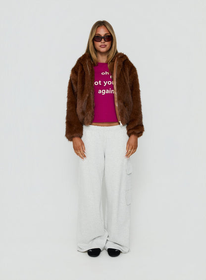 Act Up Faux Fur Hooded Jacket Brown