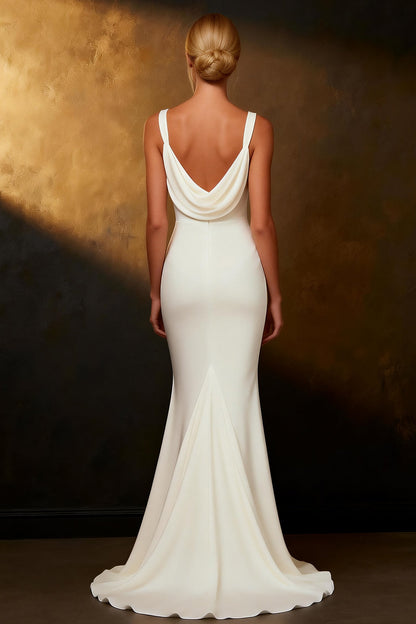 White Satin Cowl Neck Mermaid Sweep Train Wedding Dress