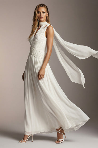 Ivory Chiffon Thick Straps A Line Pleated Long Formal Dress