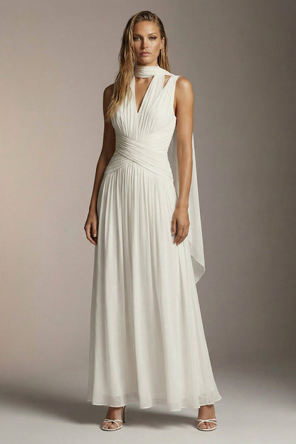 Ivory Chiffon Thick Straps A Line Pleated Long Formal Dress