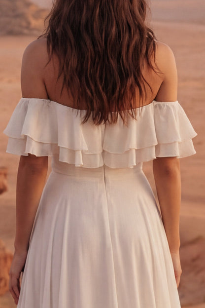 Ivory A Line Maxi Off the Shoulder Beach Wedding Dress with Ruffles