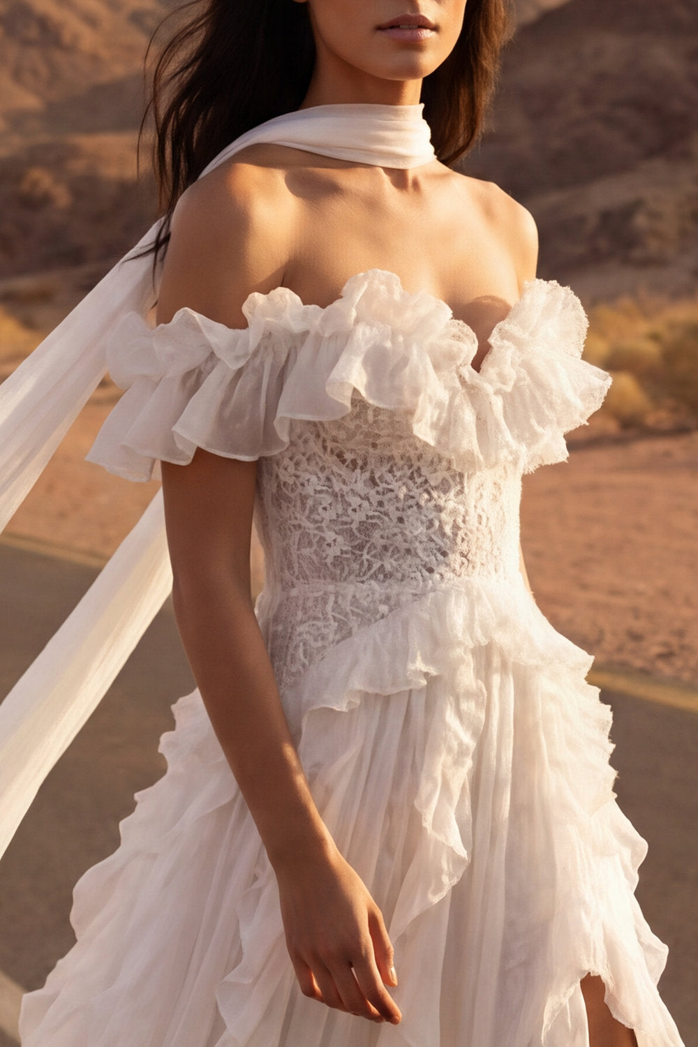 Floral A Line Maxi Ivory Beach Wedding Dress with Ruffles