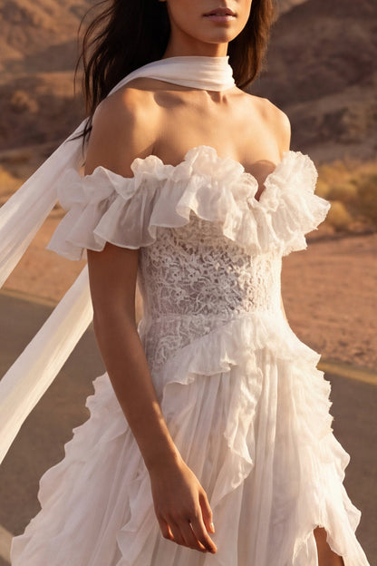 Floral A Line Maxi Ivory Beach Wedding Dress with Ruffles