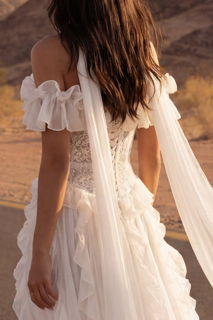 Floral A Line Maxi Ivory Beach Wedding Dress with Ruffles