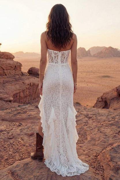 Floral Ivory Strapless Sheath Maxi Boho Wedding Dress with Ruffles