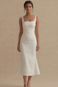 Mermaid Floral Square Neck White Maxi Beach Wedding Dress