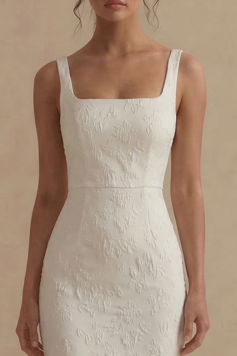 Mermaid Floral Square Neck White Maxi Beach Wedding Dress