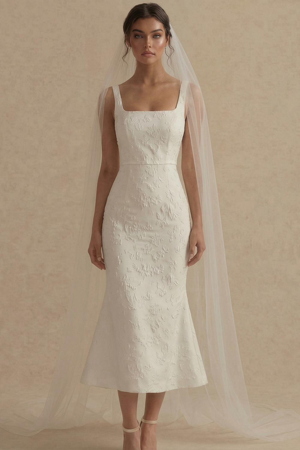 Mermaid Floral Square Neck White Maxi Beach Wedding Dress