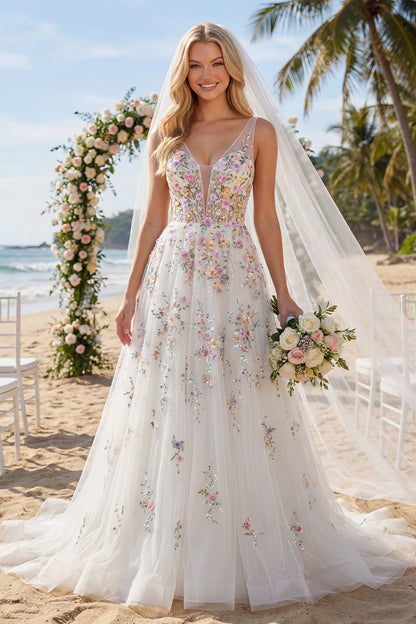 Floral Corset V-Neck White A Line Sweep Train Backless Wedding Dress