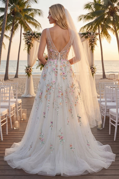 Floral Corset V-Neck White A Line Sweep Train Backless Wedding Dress