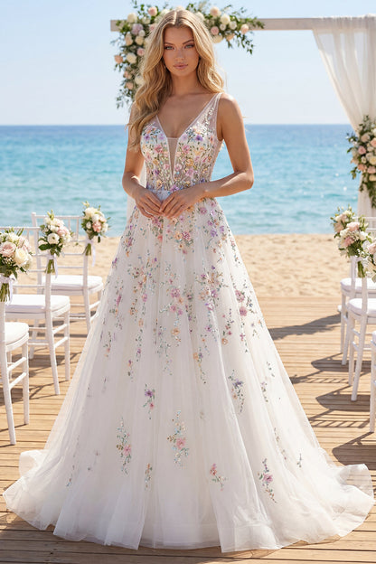 Floral Corset V-Neck White A Line Sweep Train Backless Wedding Dress