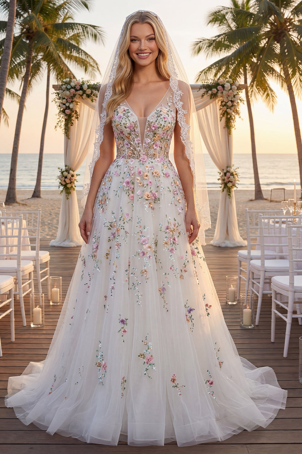 Floral Corset V-Neck White A Line Sweep Train Backless Wedding Dress