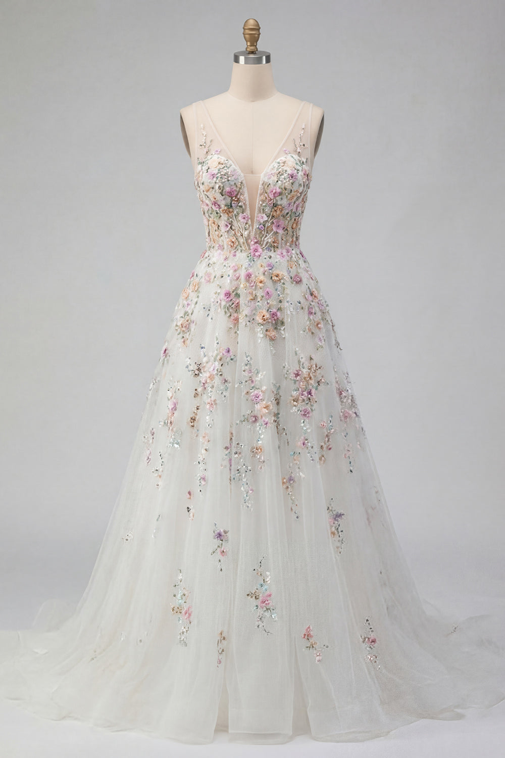 Floral Corset V-Neck White A Line Sweep Train Backless Wedding Dress