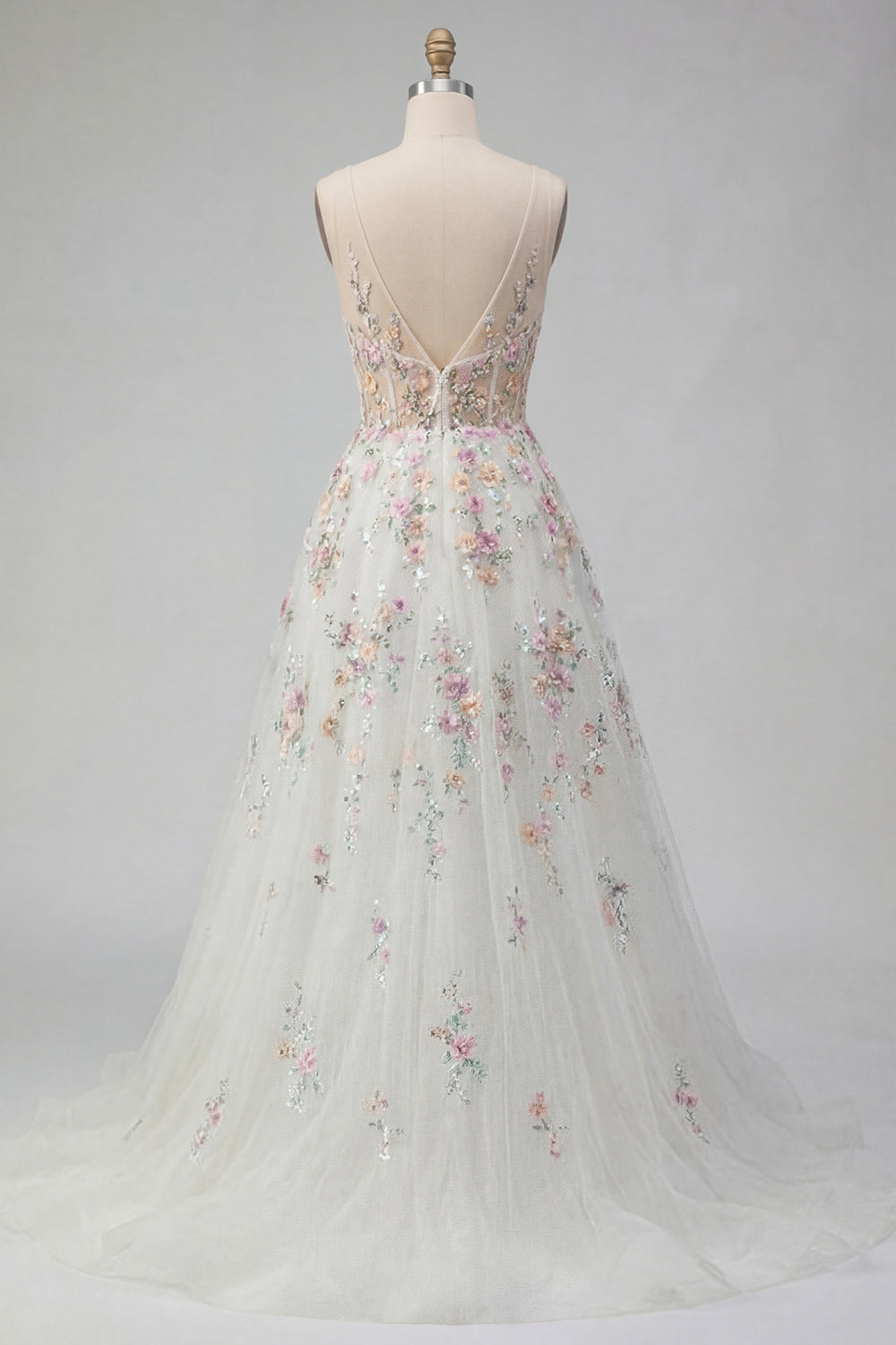 Floral Corset V-Neck White A Line Sweep Train Backless Wedding Dress