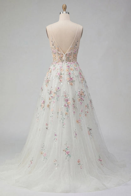 Floral Corset V-Neck White A Line Sweep Train Backless Wedding Dress