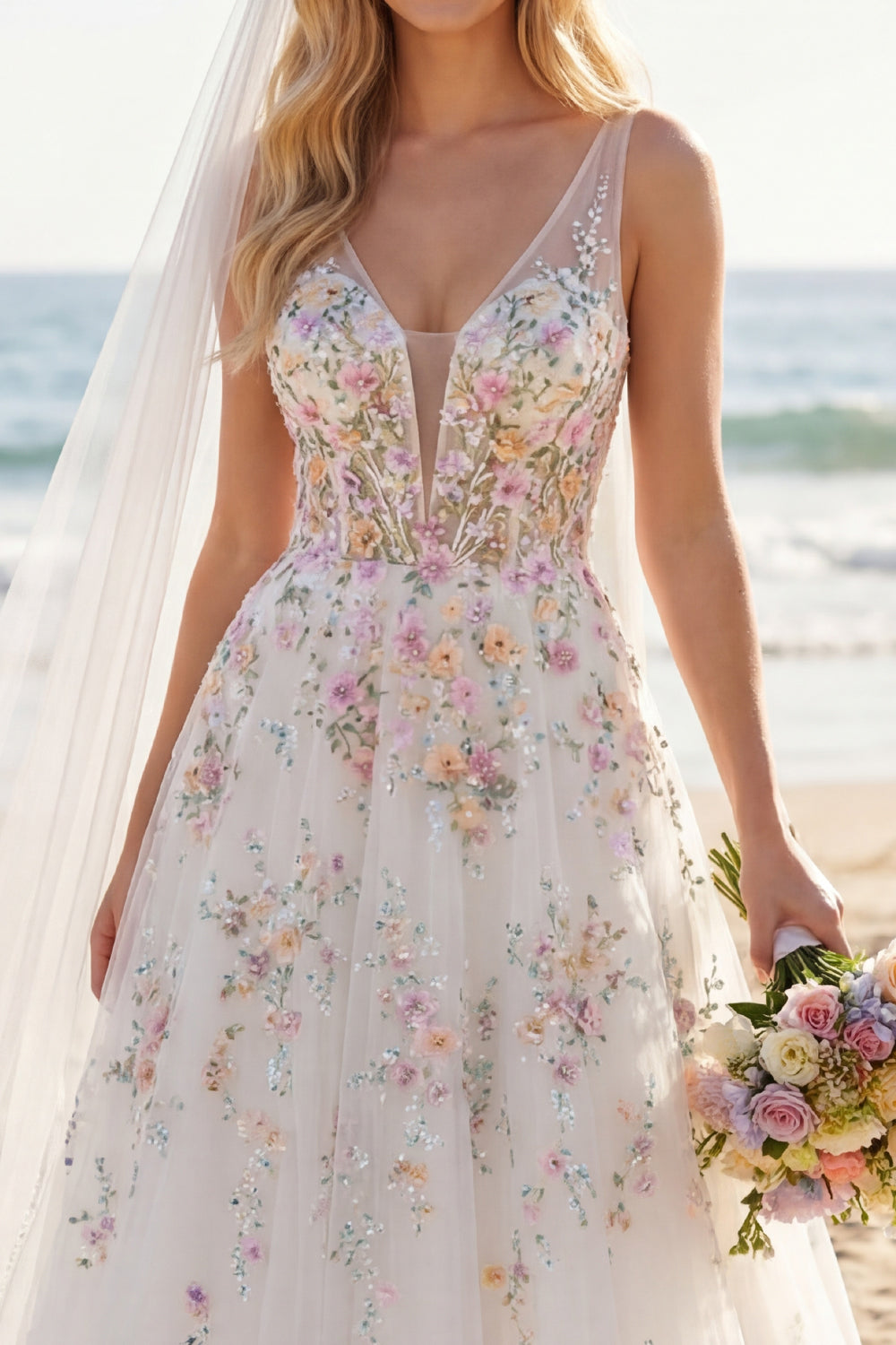 Floral Corset V-Neck White A Line Sweep Train Backless Wedding Dress