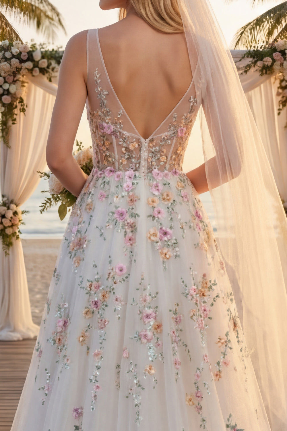 Floral Corset V-Neck White A Line Sweep Train Backless Wedding Dress