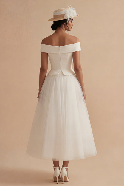 White Maxi Off the Shoulder A Line Boho Wedding Dress