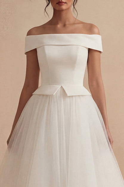 White Maxi Off the Shoulder A Line Boho Wedding Dress