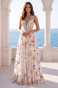 Ivory V-Neck Floral A Line Floor Length Boho Wedding Dress