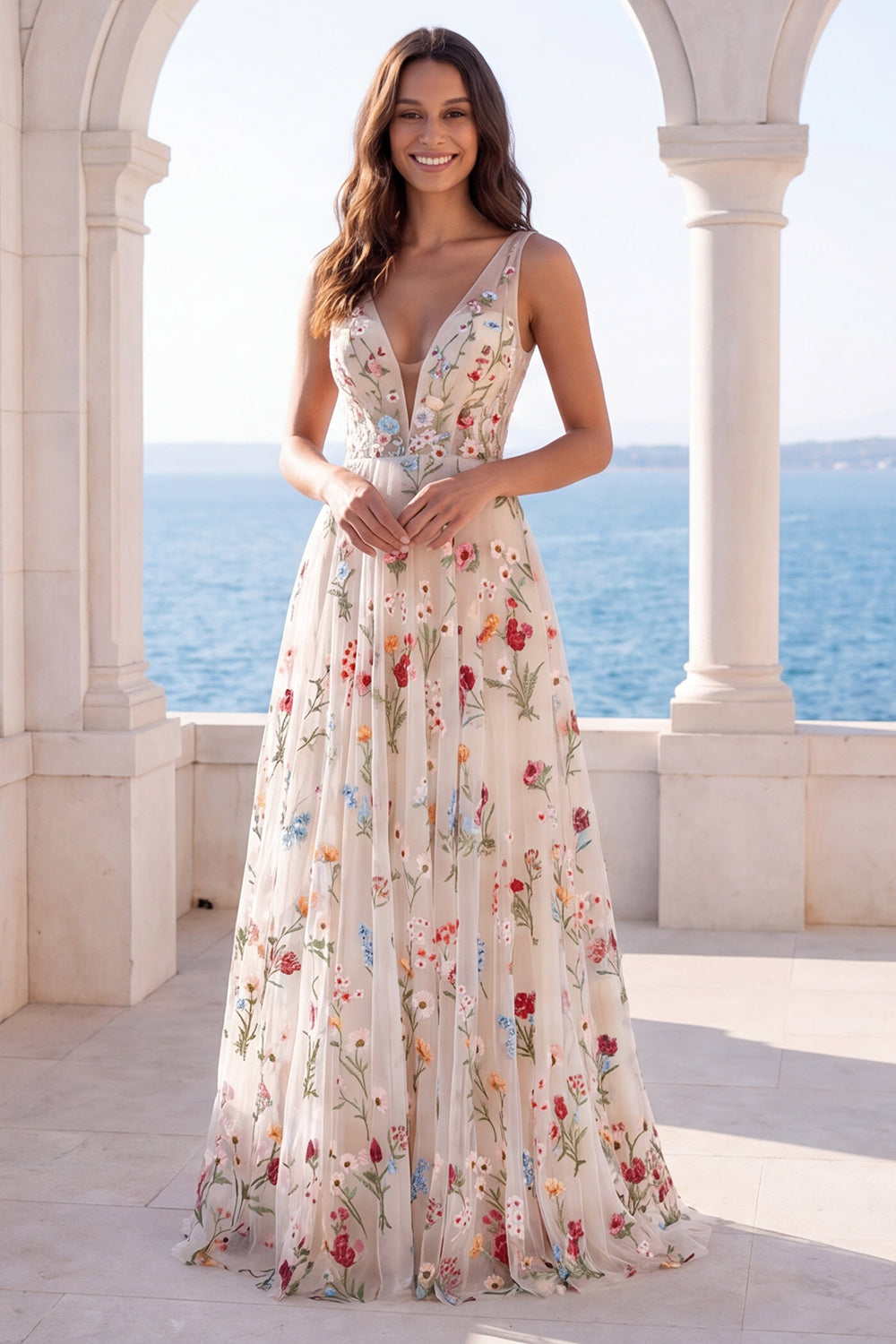 Ivory V-Neck Floral A Line Floor Length Boho Wedding Dress