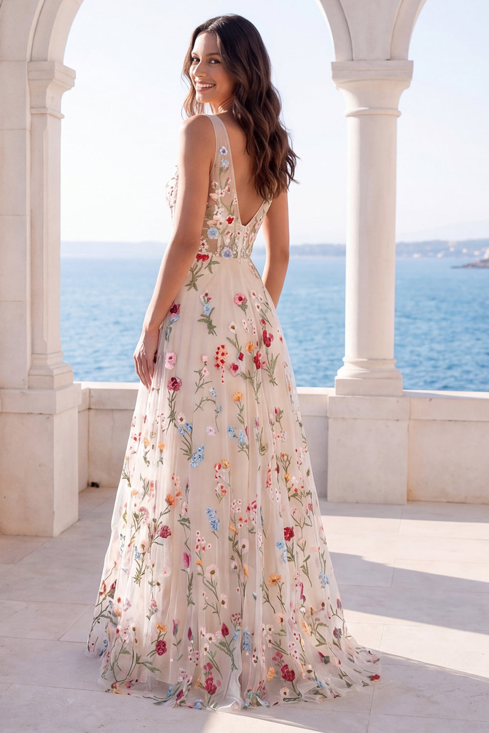 Ivory V-Neck Floral A Line Floor Length Boho Wedding Dress