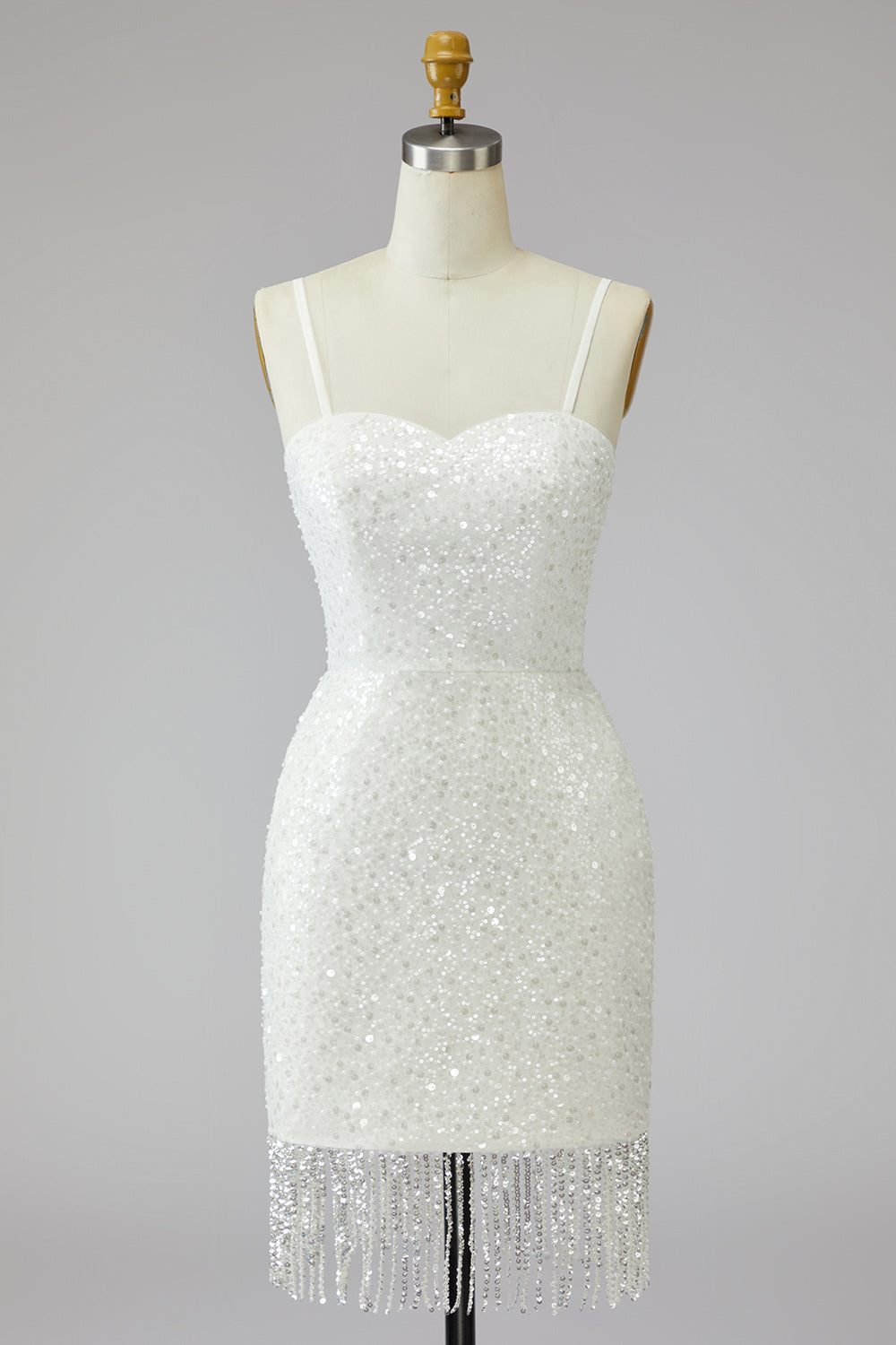 Tight Short Sparkly Ivory Spaghetti Straps Beaded Wedding Dress with Fringes