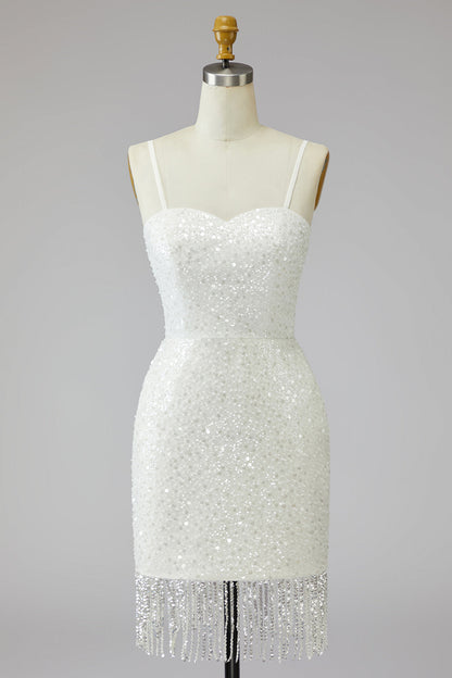 Tight Short Sparkly Ivory Spaghetti Straps Beaded Wedding Dress with Fringes