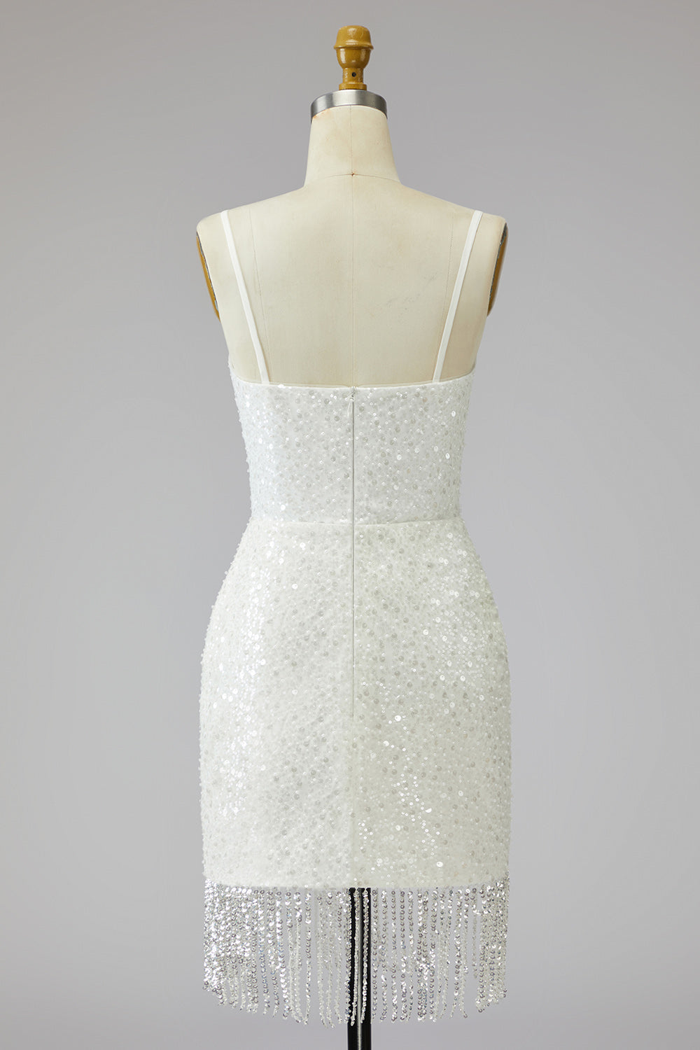 Tight Short Sparkly Ivory Spaghetti Straps Beaded Wedding Dress with Fringes
